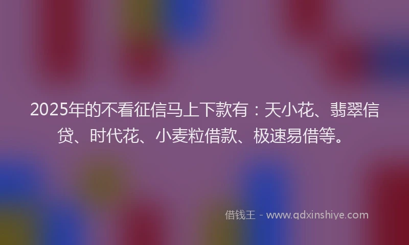 2025年的不看征信马上下款有：天小花、翡翠信贷、时代花、小麦粒借款、极速易借等。