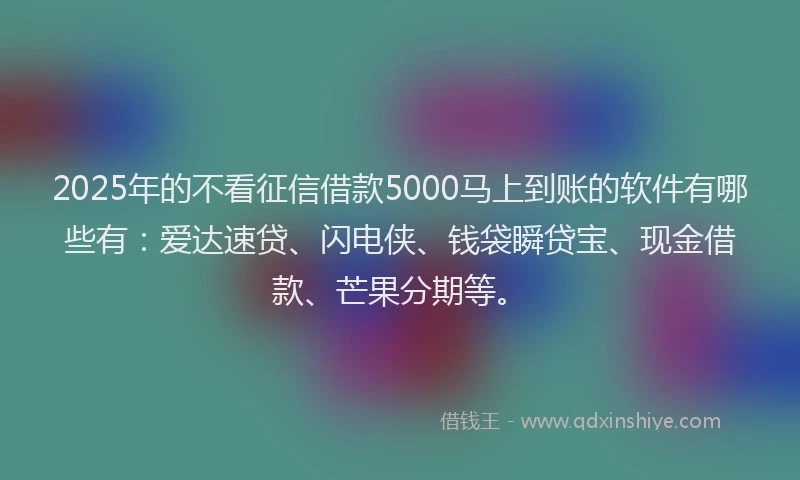 2025年的不看征信借款5000马上到账的软件有哪些有：爱达速贷、闪电侠、钱袋瞬贷宝、现金借款、芒果分期等。
