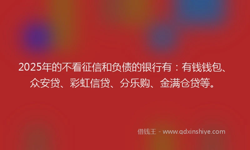 2025年的不看征信和负债的银行有：有钱钱包、众安贷、彩虹信贷、分乐购、金满仓贷等。