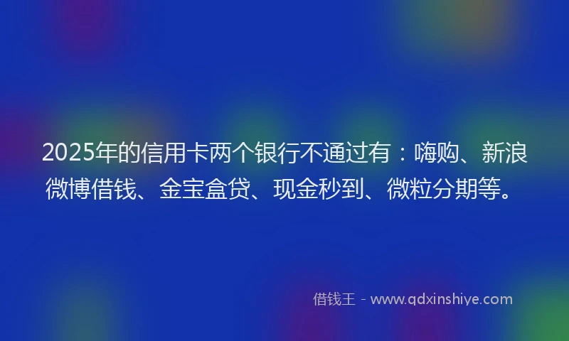 2025年的信用卡两个银行不通过有：嗨购、新浪微博借钱、金宝盒贷、现金秒到、微粒分期等。