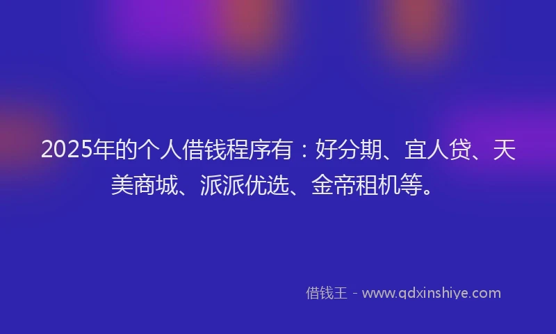 2025年的个人借钱程序有：好分期、宜人贷、天美商城、派派优选、金帝租机等。