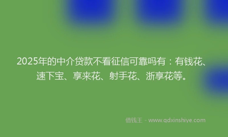 2025年的中介贷款不看征信可靠吗有：有钱花、速下宝、享来花、射手花、浙享花等。