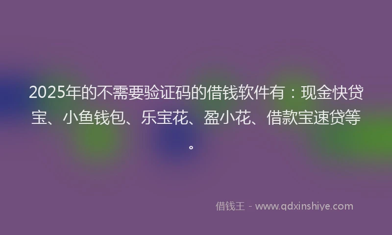 2025年的不需要验证码的借钱软件有：现金快贷宝、小鱼钱包、乐宝花、盈小花、借款宝速贷等。