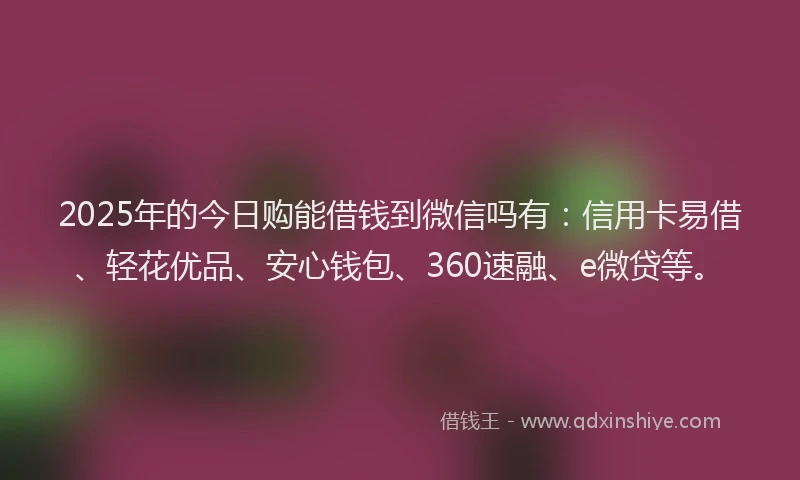 2025年的今日购能借钱到微信吗有：信用卡易借、轻花优品、安心钱包、360速融、e微贷等。