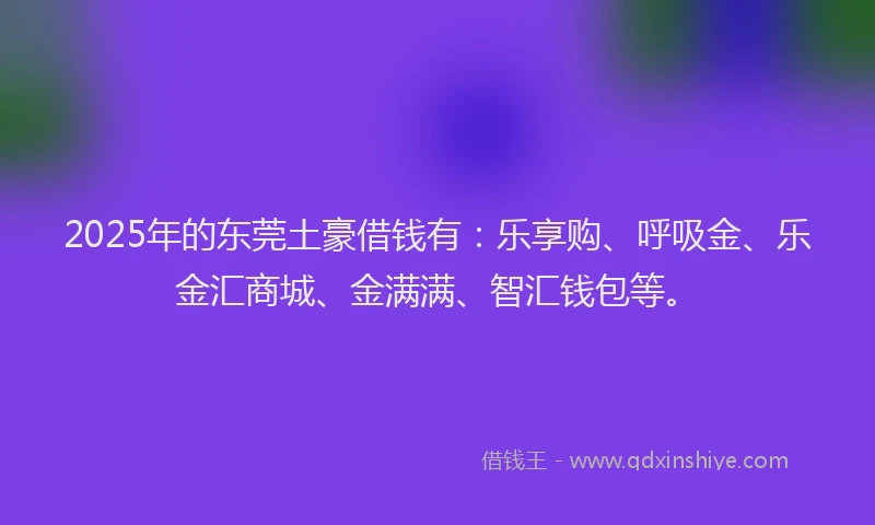 2025年的东莞土豪借钱有：乐享购、呼吸金、乐金汇商城、金满满、智汇钱包等。