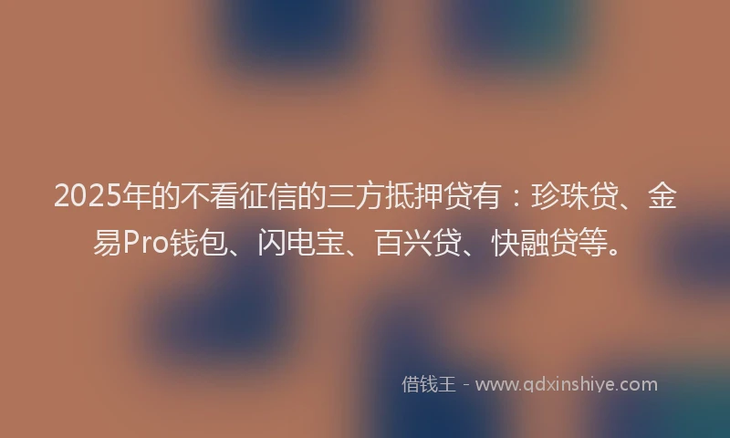 2025年的不看征信的三方抵押贷有：珍珠贷、金易Pro钱包、闪电宝、百兴贷、快融贷等。