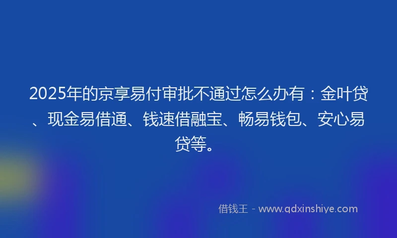2025年的京享易付审批不通过怎么办有：金叶贷、现金易借通、钱速借融宝、畅易钱包、安心易贷等。