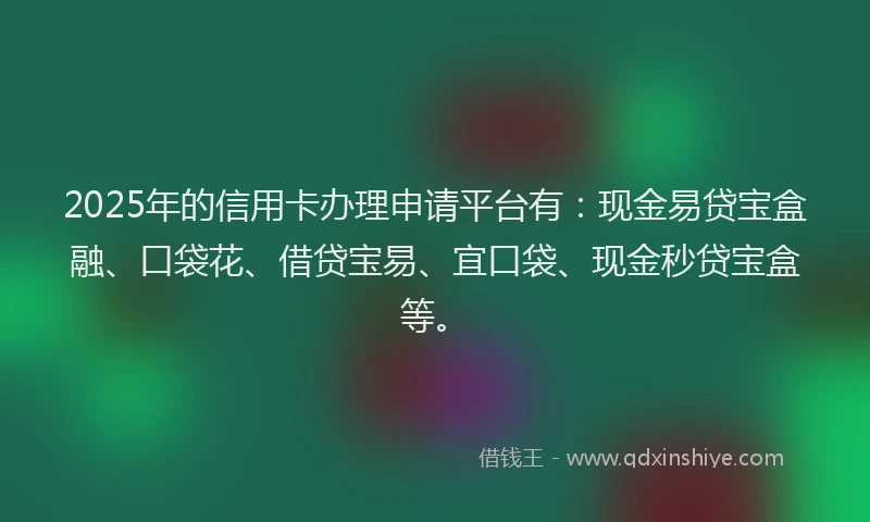 2025年的信用卡办理申请平台有：现金易贷宝盒融、口袋花、借贷宝易、宜口袋、现金秒贷宝盒等。