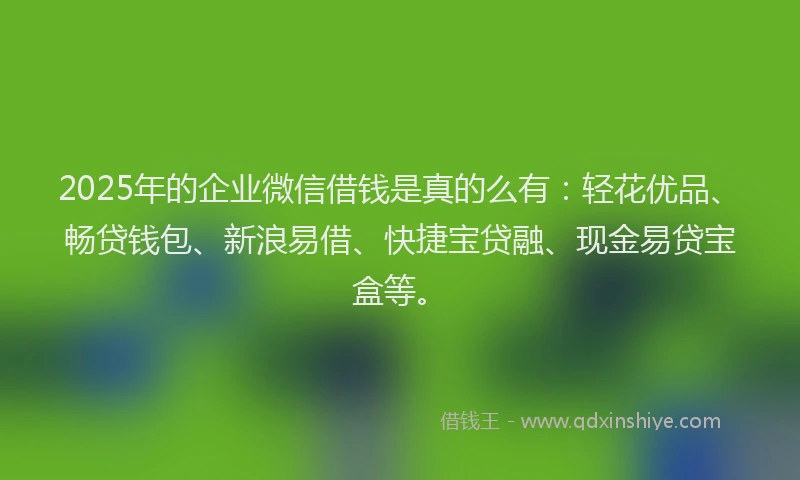 2025年的企业微信借钱是真的么有：轻花优品、畅贷钱包、新浪易借、快捷宝贷融、现金易贷宝盒等。