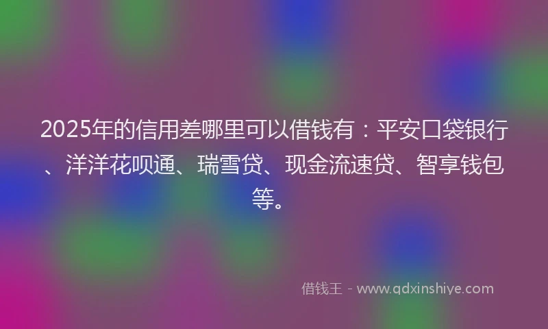 2025年的信用差哪里可以借钱有：平安口袋银行、洋洋花呗通、瑞雪贷、现金流速贷、智享钱包等。