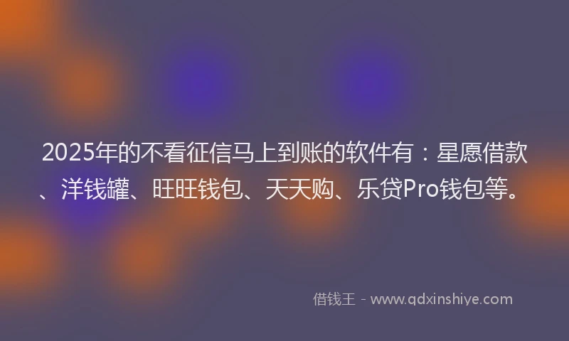 2025年的不看征信马上到账的软件有：星愿借款、洋钱罐、旺旺钱包、天天购、乐贷Pro钱包等。