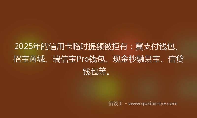 2025年的信用卡临时提额被拒有：翼支付钱包、招宝商城、瑞信宝Pro钱包、现金秒融易宝、信贷钱包等。