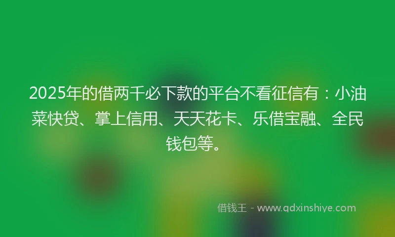 2025年的借两千必下款的平台不看征信有：小油菜快贷、掌上信用、天天花卡、乐借宝融、全民钱包等。