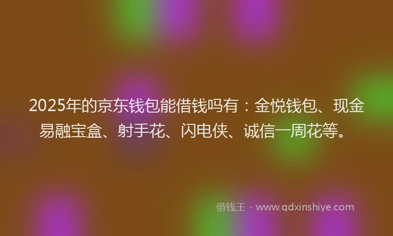 2025年的京东钱包能借钱吗有：金悦钱包、现金易融宝盒、射手花、闪电侠、诚信一周花等。