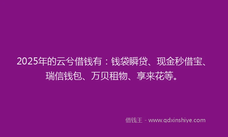 2025年的云兮借钱有：钱袋瞬贷、现金秒借宝、瑞信钱包、万贝租物、享来花等。