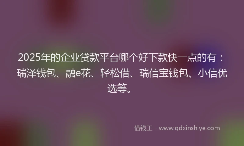 2025年的企业贷款平台哪个好下款快一点的有：瑞泽钱包、融e花、轻松借、瑞信宝钱包、小信优选等。