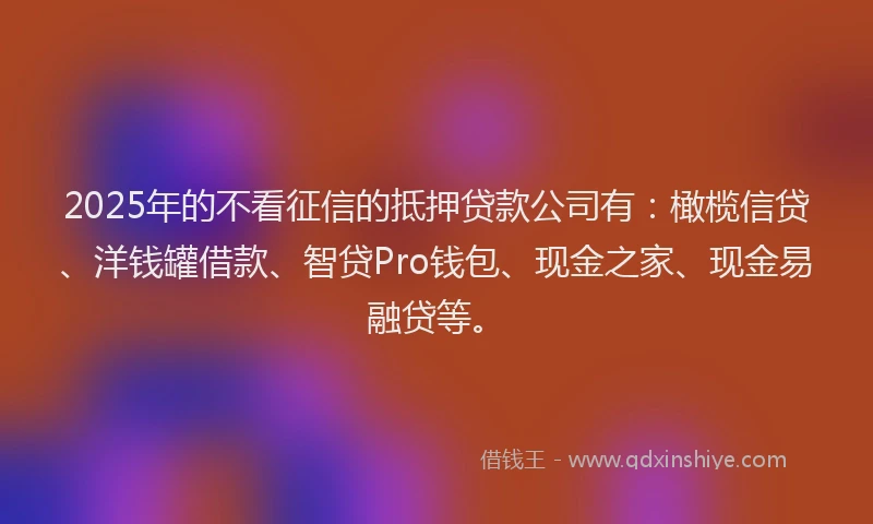 2025年的不看征信的抵押贷款公司有：橄榄信贷、洋钱罐借款、智贷Pro钱包、现金之家、现金易融贷等。