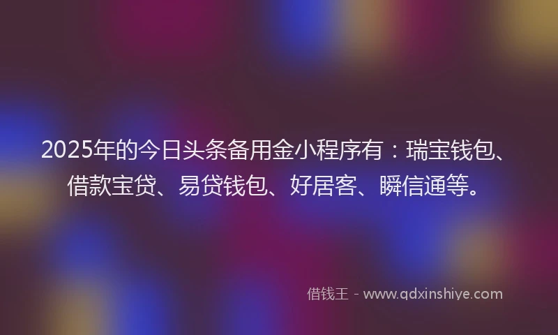2025年的今日头条备用金小程序有：瑞宝钱包、借款宝贷、易贷钱包、好居客、瞬信通等。