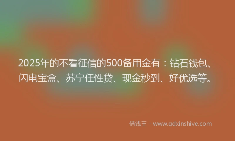 2025年的不看征信的500备用金有：钻石钱包、闪电宝盒、苏宁任性贷、现金秒到、好优选等。