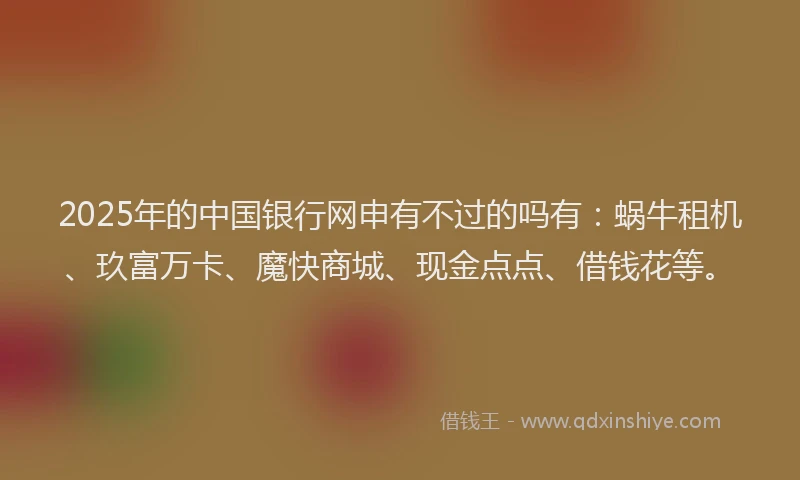 2025年的中国银行网申有不过的吗有：蜗牛租机、玖富万卡、魔快商城、现金点点、借钱花等。