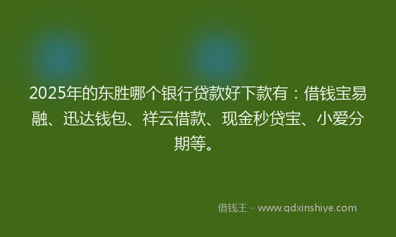 2025年的东胜哪个银行贷款好下款有：借钱宝易融、迅达钱包、祥云借款、现金秒贷宝、小爱分期等。
