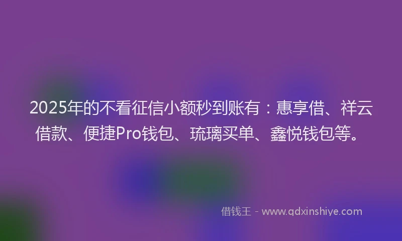 2025年的不看征信小额秒到账有：惠享借、祥云借款、便捷Pro钱包、琉璃买单、鑫悦钱包等。