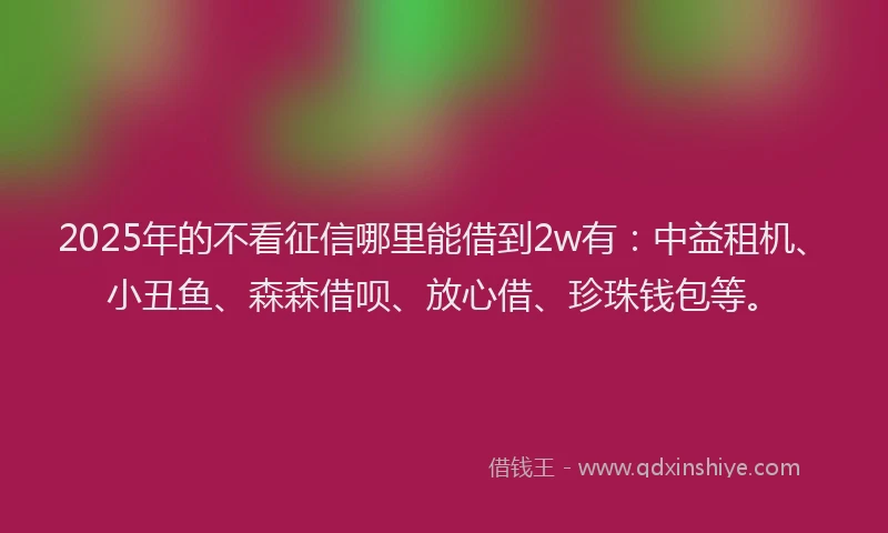 2025年的不看征信哪里能借到2w有：中益租机、小丑鱼、森森借呗、放心借、珍珠钱包等。