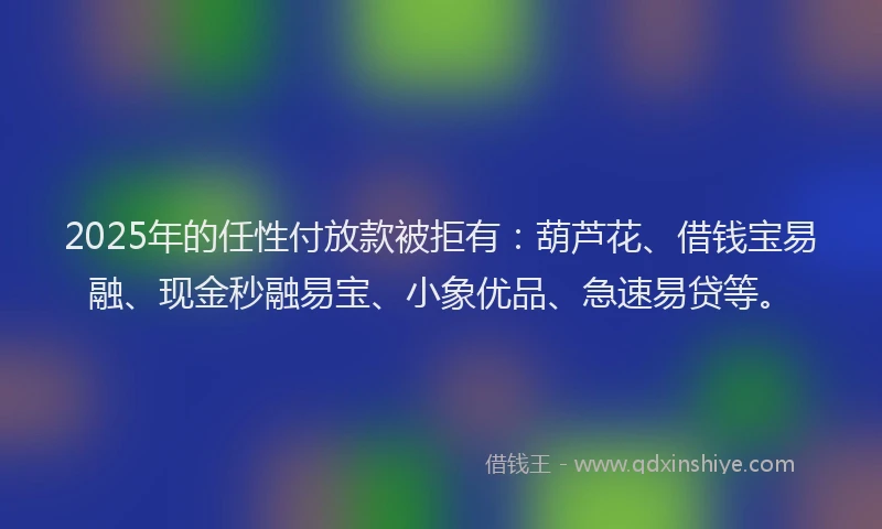 2025年的任性付放款被拒有：葫芦花、借钱宝易融、现金秒融易宝、小象优品、急速易贷等。