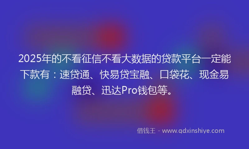2025年的不看征信不看大数据的贷款平台一定能下款有：速贷通、快易贷宝融、口袋花、现金易融贷、迅达Pro钱包等。
