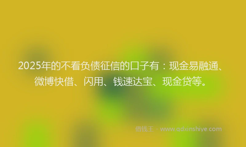 2025年的不看负债征信的口子有：现金易融通、微博快借、闪用、钱速达宝、现金贷等。