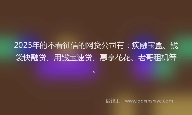 2025年的不看征信的网贷公司有：疾融宝盒、钱袋快融贷、用钱宝速贷、惠享花花、老哥租机等。