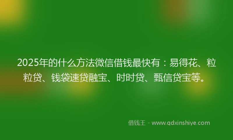 2025年的什么方法微信借钱最快有：易得花、粒粒贷、钱袋速贷融宝、时时贷、甄信贷宝等。