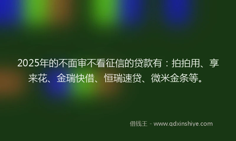 2025年的不面审不看征信的贷款有：拍拍用、享来花、金瑞快借、恒瑞速贷、微米金条等。