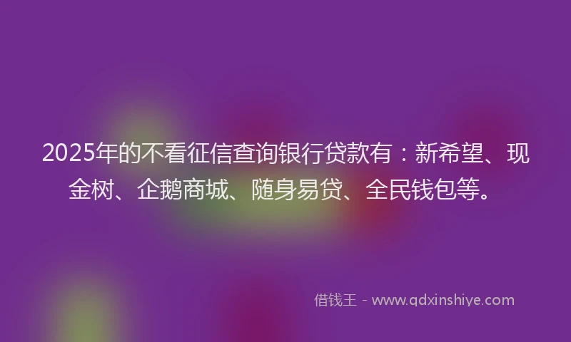 2025年的不看征信查询银行贷款有：新希望、现金树、企鹅商城、随身易贷、全民钱包等。