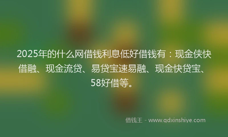 2025年的什么网借钱利息低好借钱有：现金侠快借融、现金流贷、易贷宝速易融、现金快贷宝、58好借等。