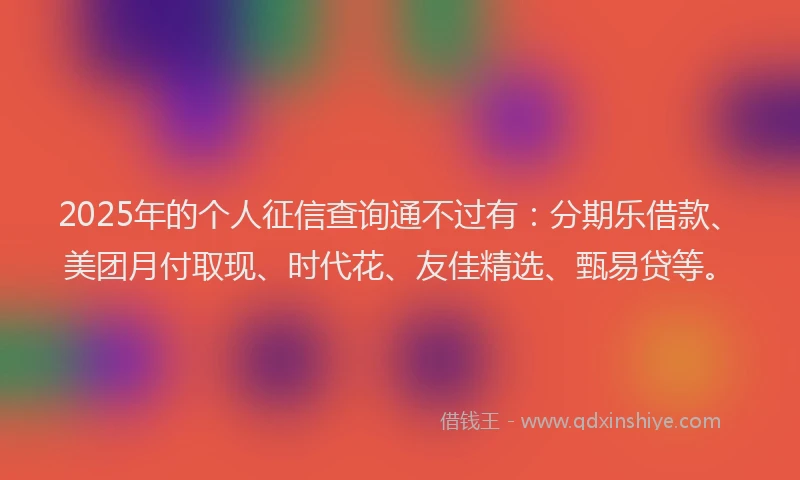 2025年的个人征信查询通不过有：分期乐借款、美团月付取现、时代花、友佳精选、甄易贷等。