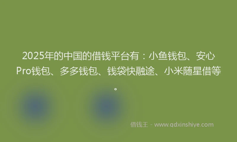 2025年的中国的借钱平台有：小鱼钱包、安心Pro钱包、多多钱包、钱袋快融途、小米随星借等。