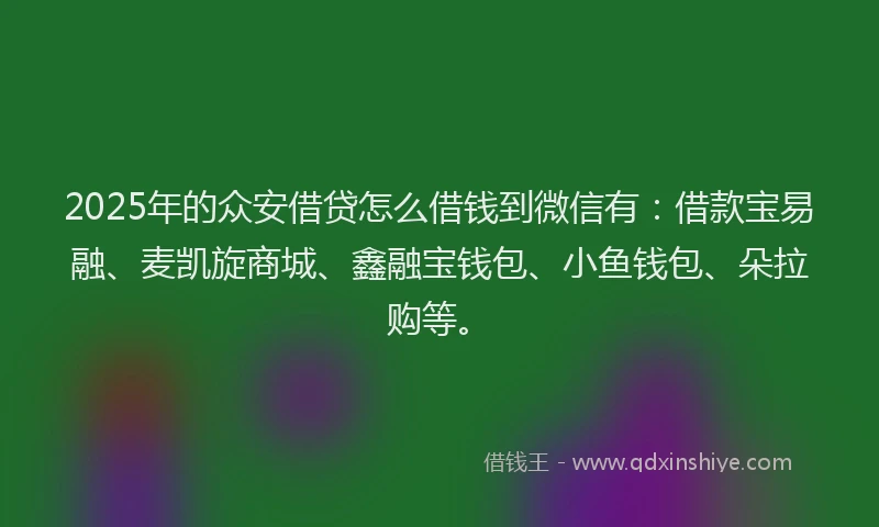 2025年的众安借贷怎么借钱到微信有：借款宝易融、麦凯旋商城、鑫融宝钱包、小鱼钱包、朵拉购等。