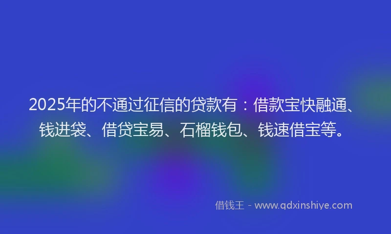 2025年的不通过征信的贷款有：借款宝快融通、钱进袋、借贷宝易、石榴钱包、钱速借宝等。