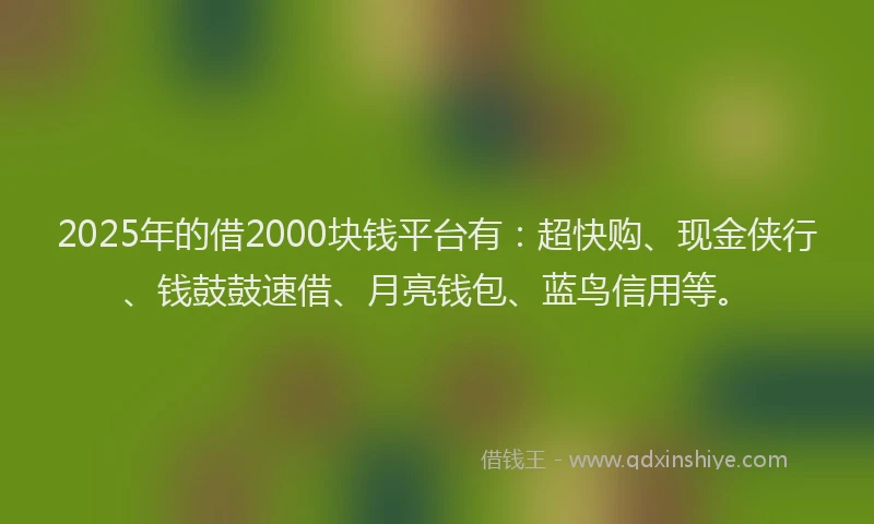 2025年的借2000块钱平台有：超快购、现金侠行、钱鼓鼓速借、月亮钱包、蓝鸟信用等。