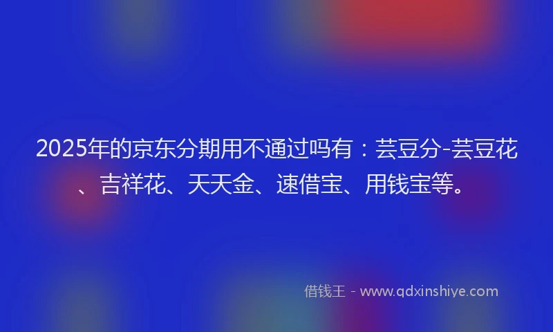 2025年的京东分期用不通过吗有：芸豆分-芸豆花、吉祥花、天天金、速借宝、用钱宝等。