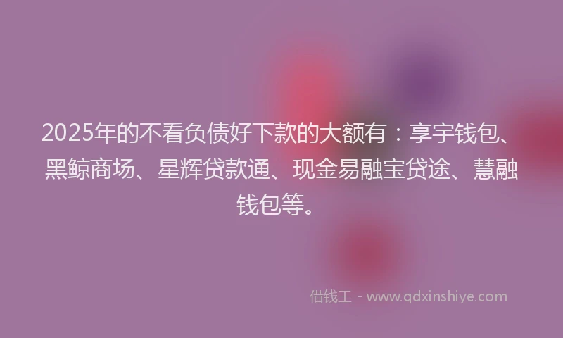 2025年的不看负债好下款的大额有：享宇钱包、黑鲸商场、星辉贷款通、现金易融宝贷途、慧融钱包等。