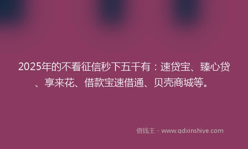 2025年的不看征信秒下五千有：速贷宝、臻心贷、享来花、借款宝速借通、贝壳商城等。