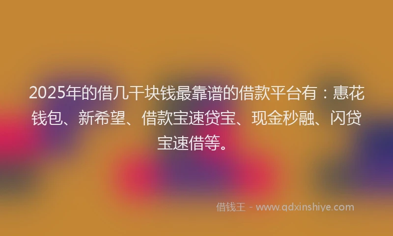 2025年的借几干块钱最靠谱的借款平台有：惠花钱包、新希望、借款宝速贷宝、现金秒融、闪贷宝速借等。