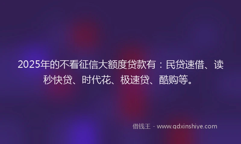 2025年的不看征信大额度贷款有：民贷速借、读秒快贷、时代花、极速贷、酷购等。
