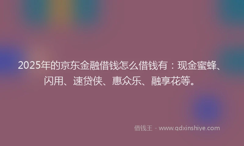 2025年的京东金融借钱怎么借钱有：现金蜜蜂、闪用、速贷侠、惠众乐、融享花等。