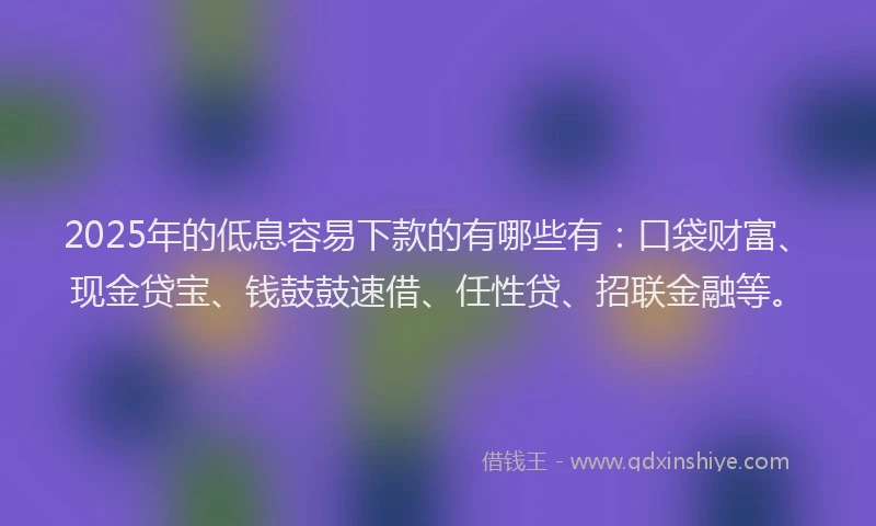 2025年的低息容易下款的有哪些有：口袋财富、现金贷宝、钱鼓鼓速借、任性贷、招联金融等。