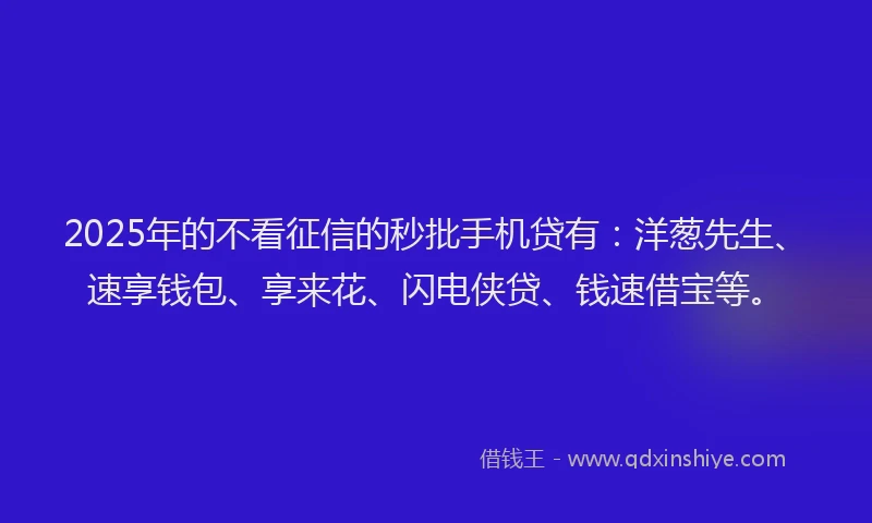 2025年的不看征信的秒批手机贷有：洋葱先生、速享钱包、享来花、闪电侠贷、钱速借宝等。