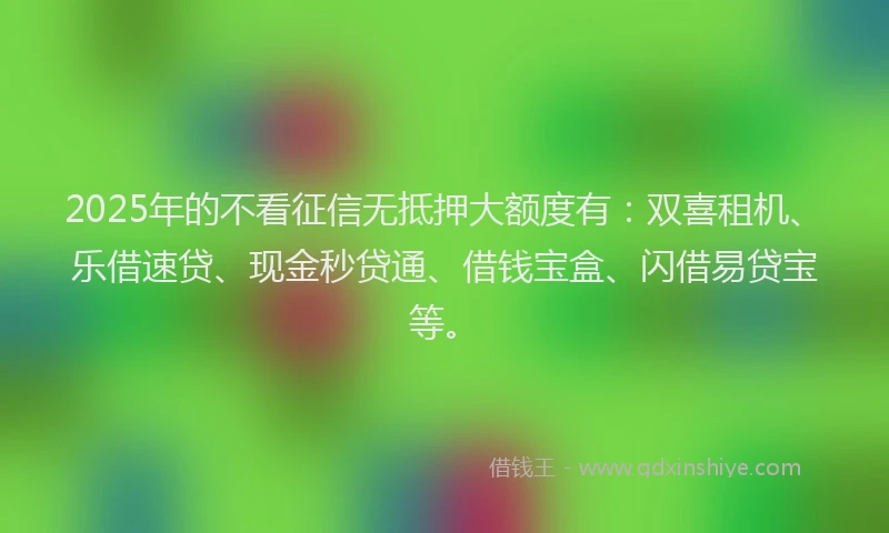 2025年的不看征信无抵押大额度有：双喜租机、乐借速贷、现金秒贷通、借钱宝盒、闪借易贷宝等。