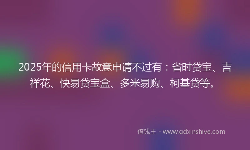 2025年的信用卡故意申请不过有：省时贷宝、吉祥花、快易贷宝盒、多米易购、柯基贷等。